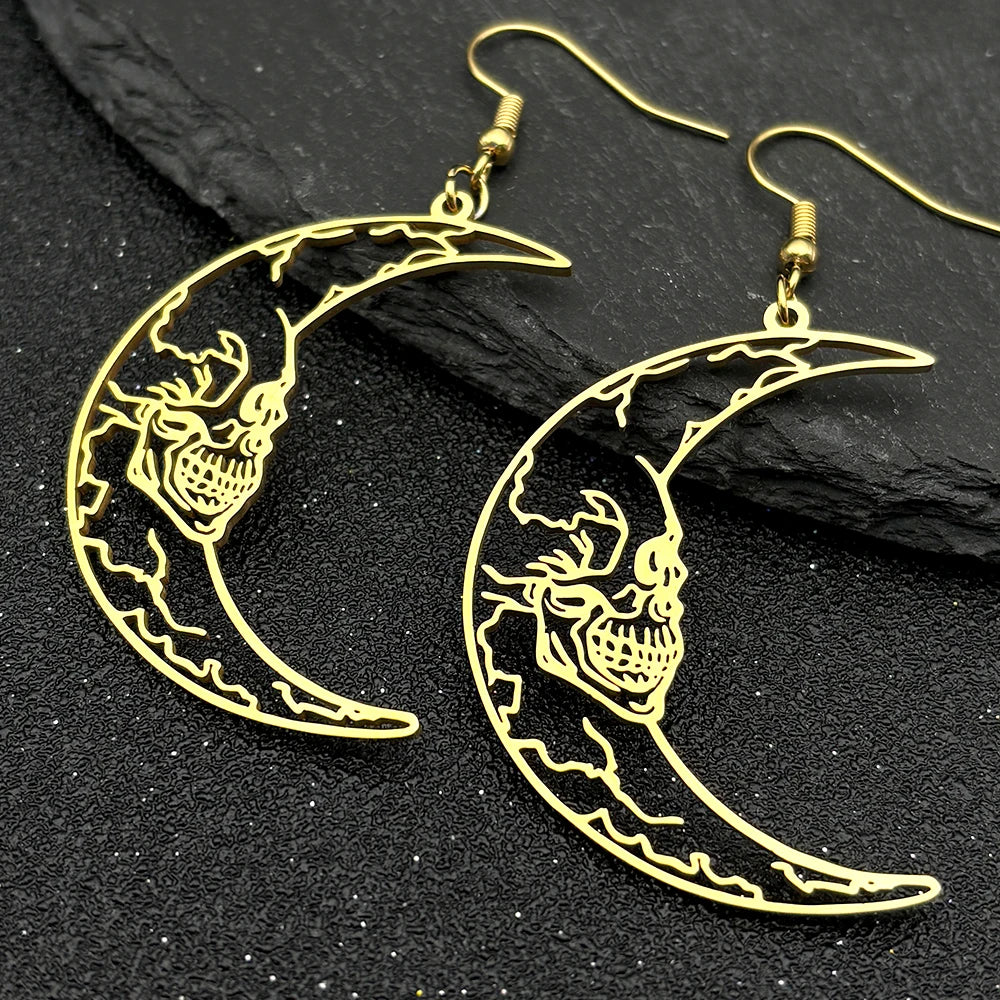 Gothic Skull Steel Earrings Crescent Moon Skeleton