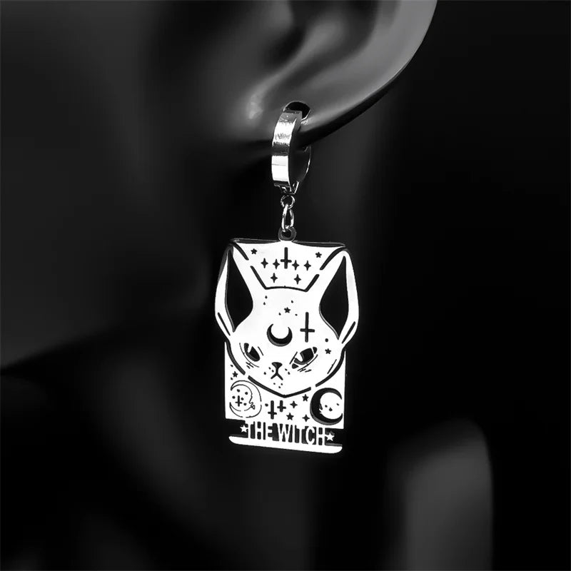 Cat Silver Earrings Gothic Witch Moon Long Hoop