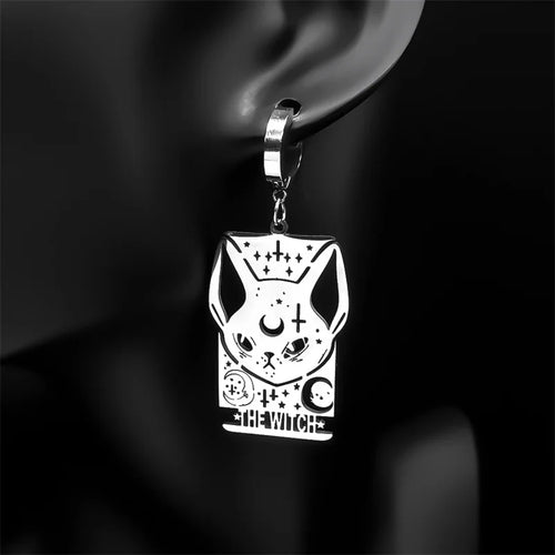 Cat Silver Earrings Gothic Witch Moon Long Hoop