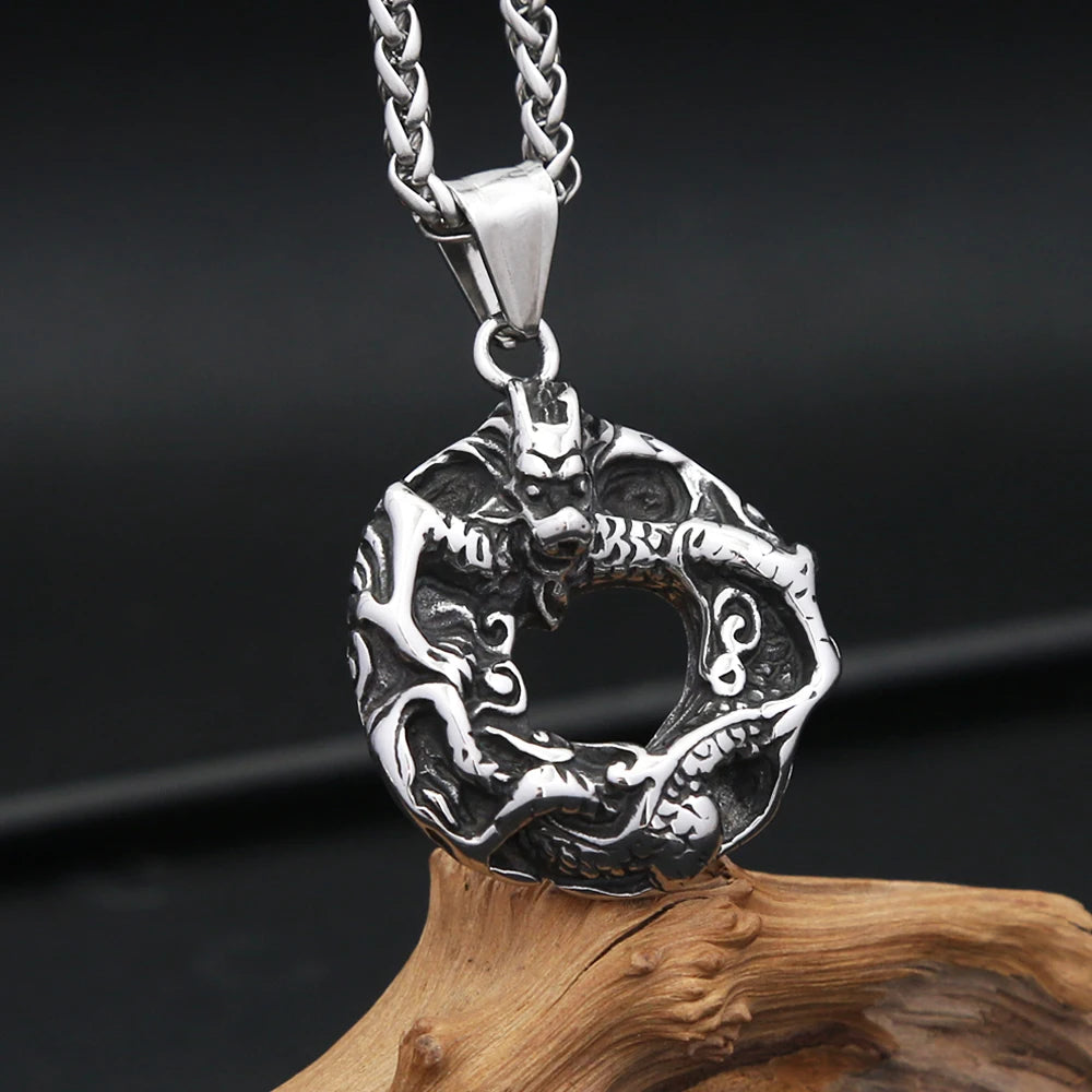 Gothic Cool Black Vikings Dragon Pendant Necklaces For Men Stainless Steel Nordic Animal Necklace Motorcycle Jewelry