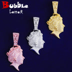 Bubble Letter Iced Out Queen Head Necklace Pendant  for Men Real Gold Plated 5A Cubic Zirconia Hip Hop Jewelry