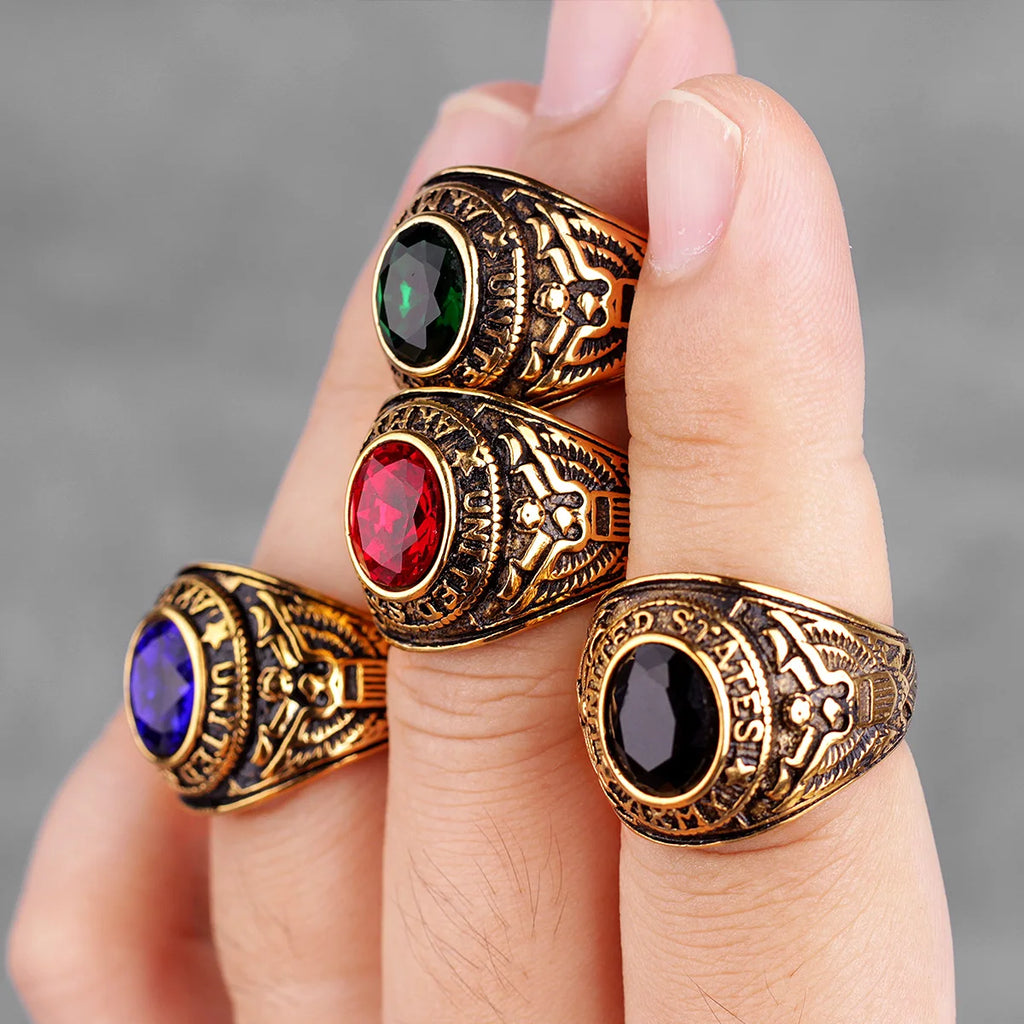 Stainless Steel Men Rings Rhinestone United States Army Punk Hip Hop for Biker Male Boyfriend Jewelry Creativity Gift Wholesale