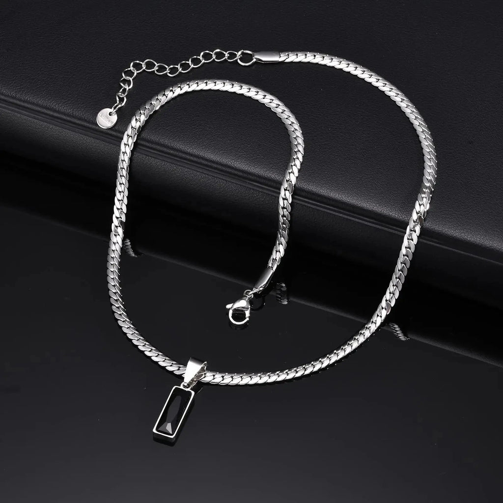 Stylish Black Square Stone Necklaces for Men Women,Waterproof Stainless Steel Flat Cuban Chain Collars,Hip Hop Jewelry Gifts