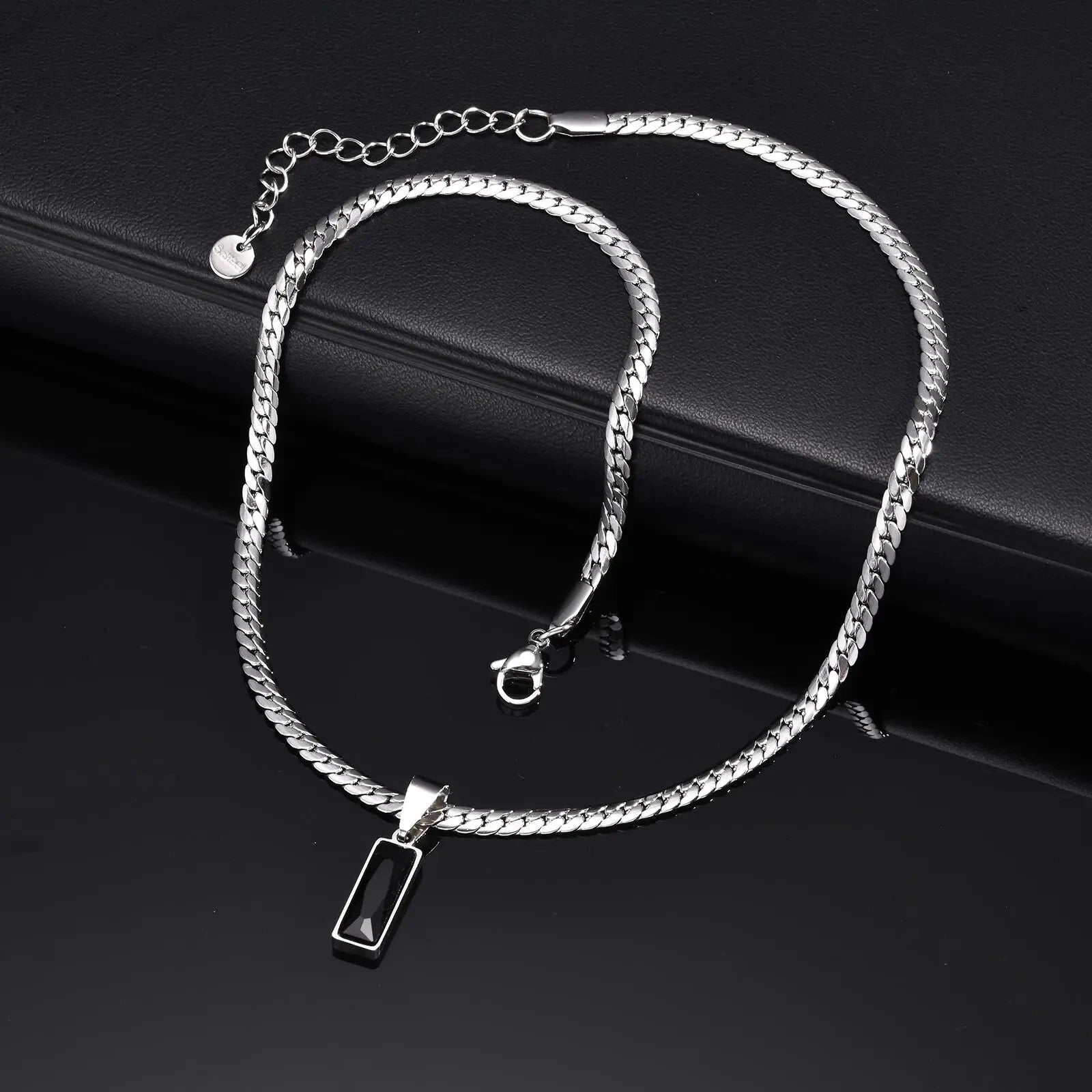 Stylish Black Square Stone Necklaces for Men Women,Waterproof Stainless Steel Flat Cuban Chain Collars,Hip Hop Jewelry Gifts