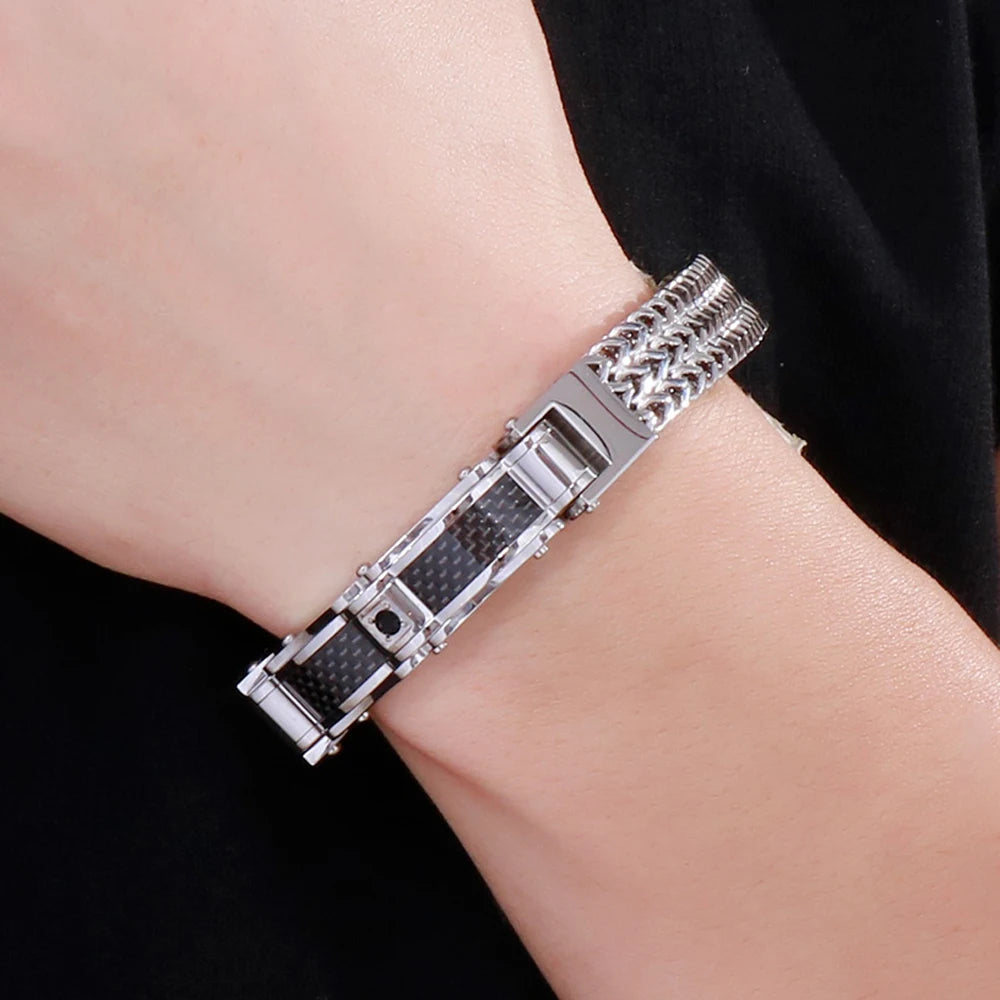 Classical Men Bracelet 12MM Width Black Gold Color Stainless Steel Men's Chain Bracelets With CZ Magnet Clasp 3 Size
