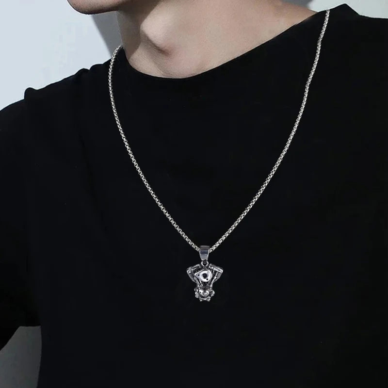 Silver Engine Pendant Necklace Stainless Steel