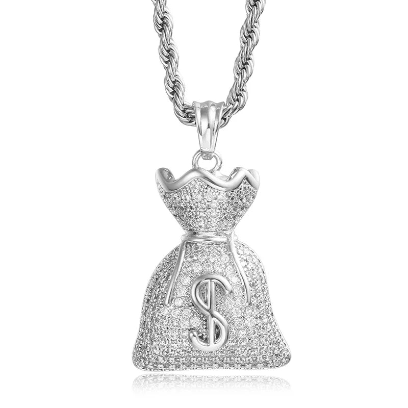 Iced Out Dollar Money Bag Pendant Necklace Hip Hop Full Zircon Unisex Cuban Chain Nightclub Party Jewelry Birthday Gift For Men