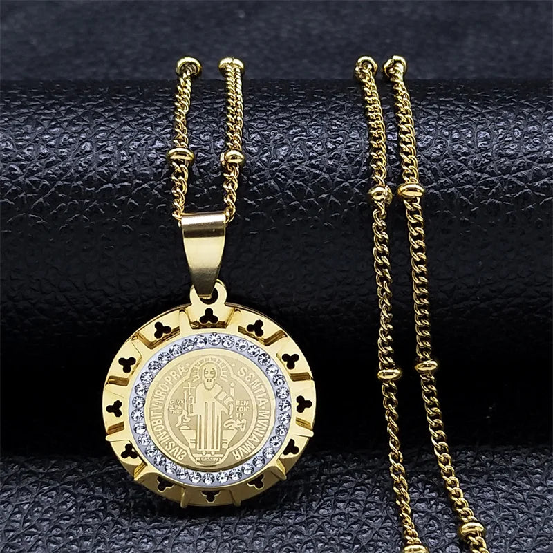 Catholic Saint Benedict Medal Necklace for Women Men Stainless Steel Silver Color San Benito Religious Chain Jewelry N8085S02