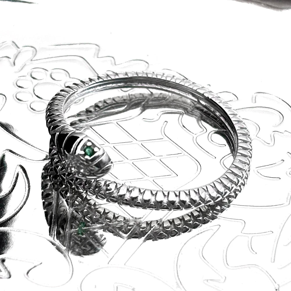 Snake Silver Ring Sterling Green Zircons Eye Matte