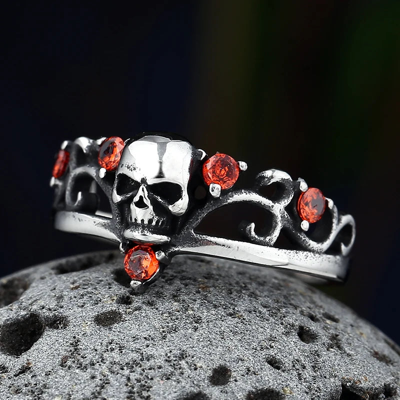 316L Stainless Steel Gothic Accessories Lost Skull Ring With Red Stone For Man Women Punk Jewelry Couple Or Women Gift