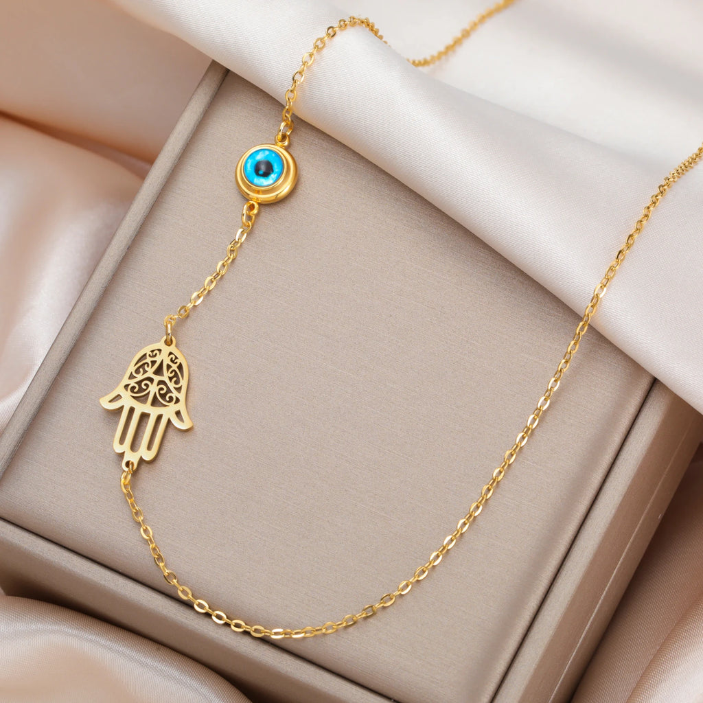 My Shape Turkish Hamsa Evil Eye Necklaces Stainless Steel Hollow Fatima Hand Chain Choker Fashion Lucky Jewelry