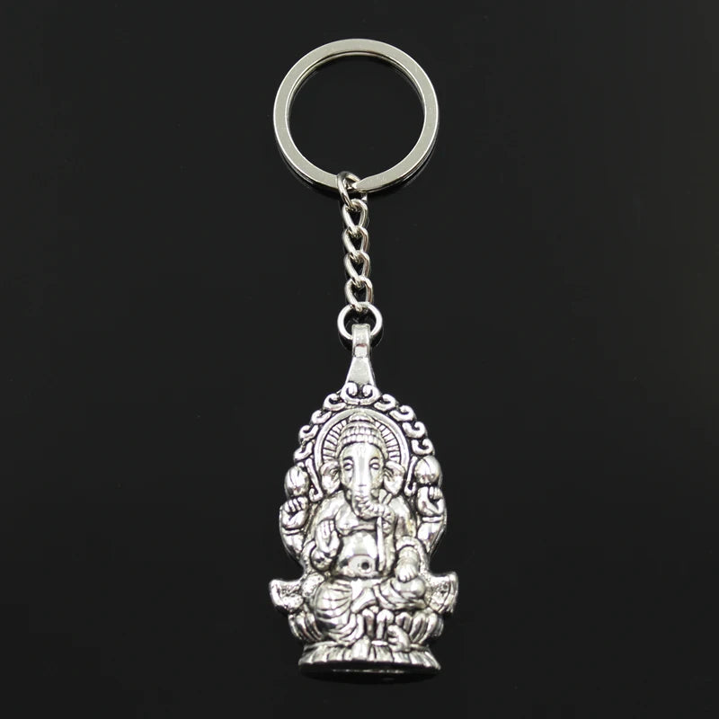 Ganesha Elephant Keychain — Antique Silver-Tone, 62x32mm