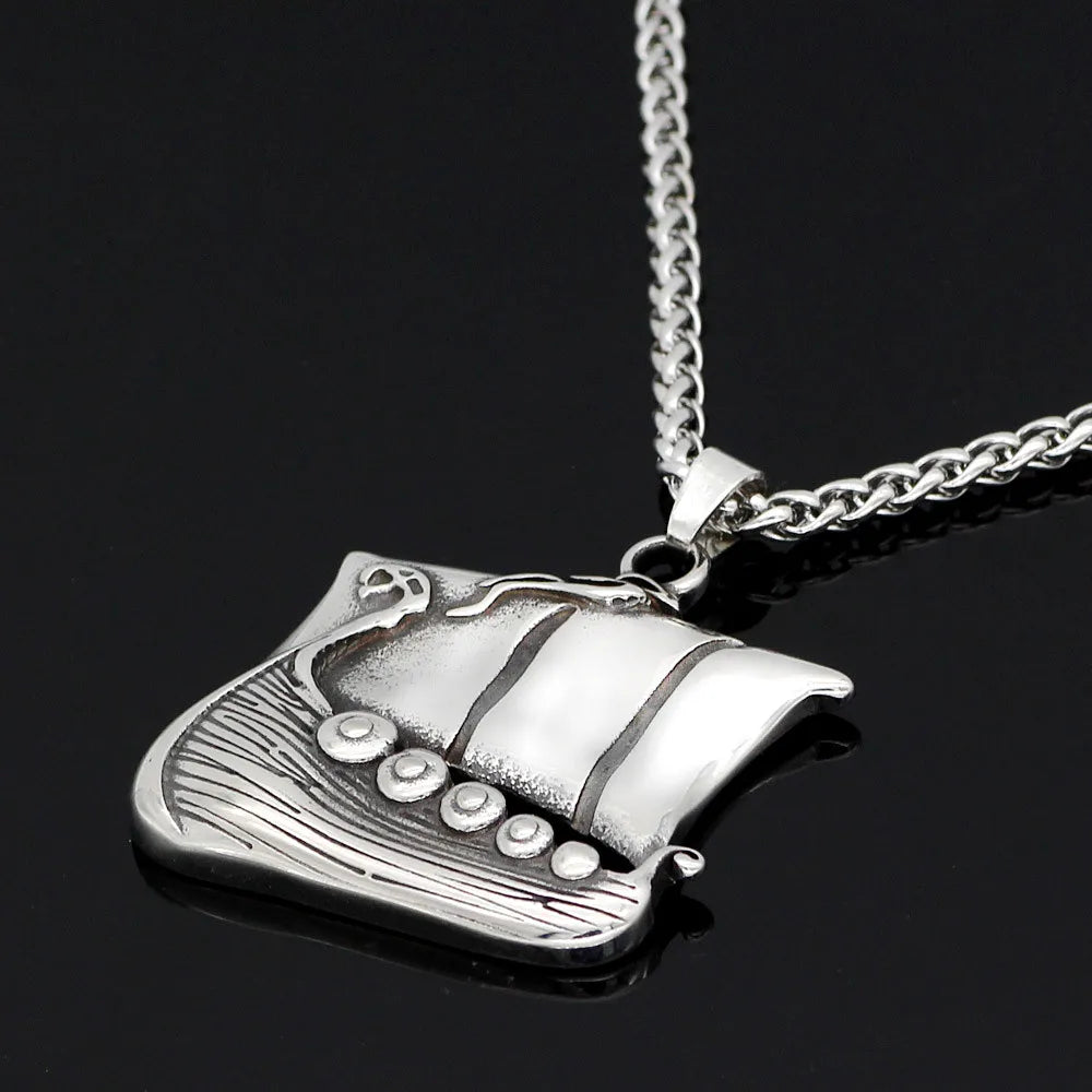 Viking Longship Norse Pendant Necklace — Stainless Steel