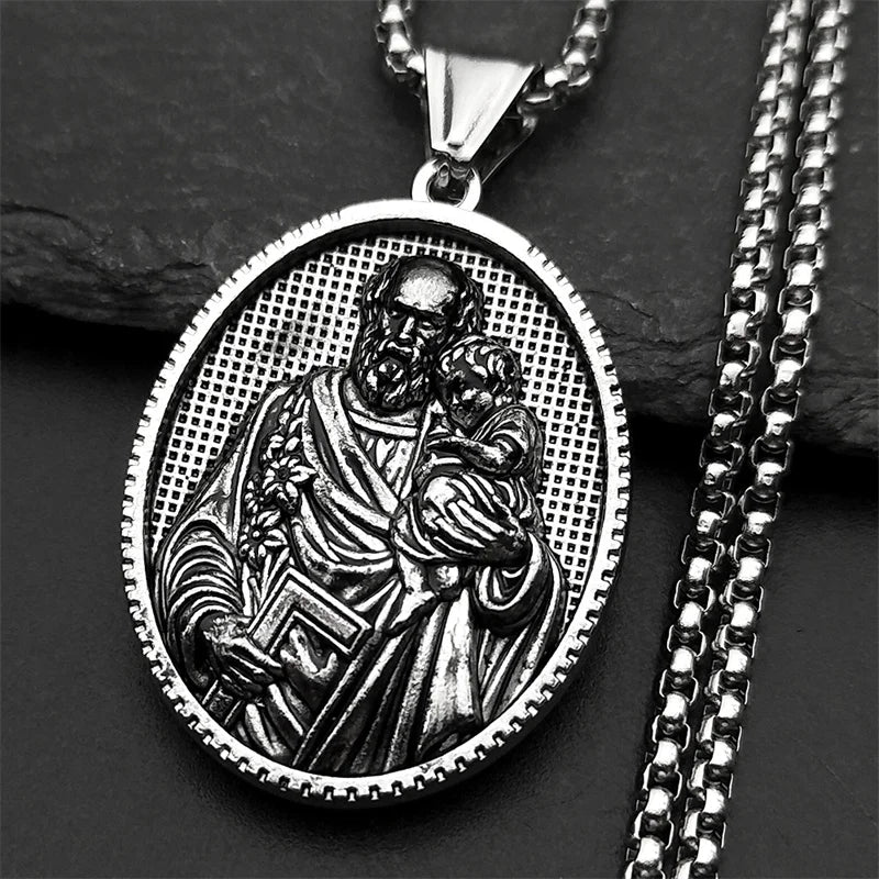 Saint Joseph Baby Jesus Medal Pendant Necklace — Stainless Steel