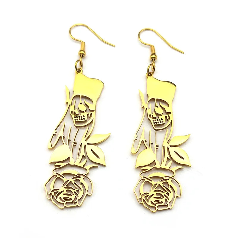 Gothic Skull Gold Earrings Vintage Rose Flower