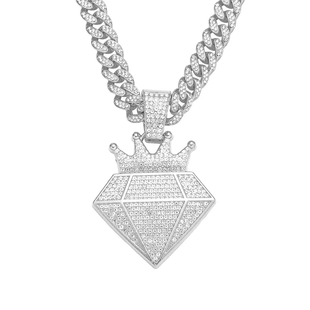Hip Hop Iced Out Crown Pendant Necklace With 13mm Rhinestone Cuban Chain Bling Necklaces Men Women Fashion Charm