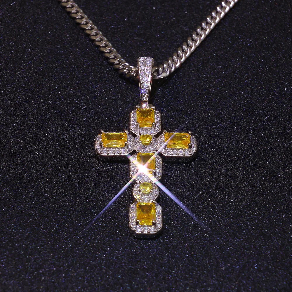 Cross Pendant Necklace Iced Out Yellow CZ