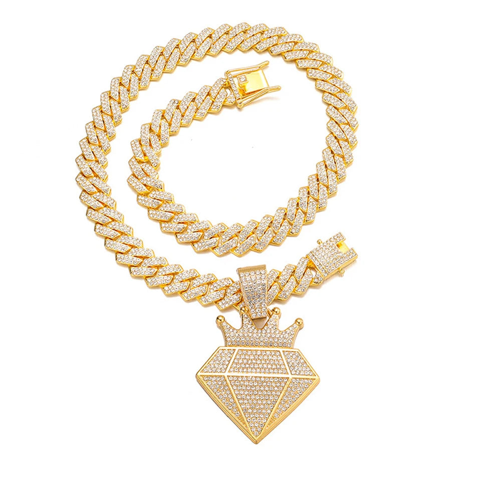 Hip Hop Iced Out Crown Pendant Necklace With 13mm Rhinestone Cuban Chain Bling Necklaces Men Women Fashion Charm