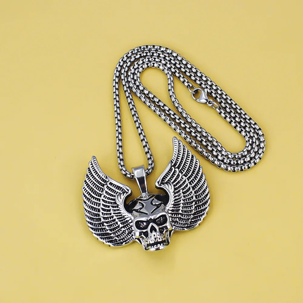 Silver Skull Wings Pendant Necklace Box Chain