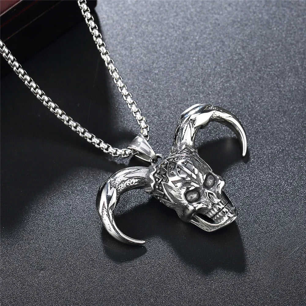 European And N Jewelry Titanium Men Hip-hop Necklace Stainless Steel Joker Head Horn Skull Pendant Personality Accessories