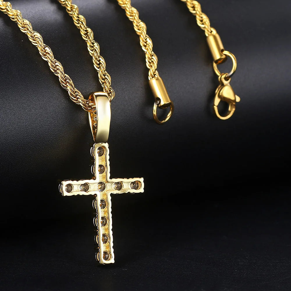 Cross Pendant Rope Chain Necklace Iced Out CZ