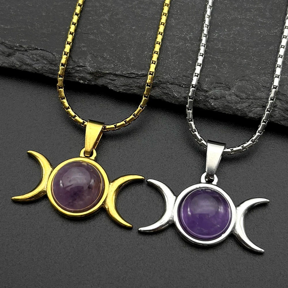 Moon Gold Pendant Witchcraft Triple Amethyst Wicca
