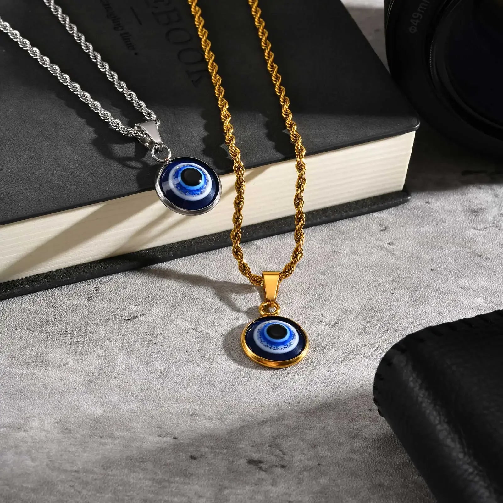 Stainless Steel Turkish Evil Eye Necklaces for Men, Blue Eye Round Pendant Necklace, Ethnic Collar Jewelry