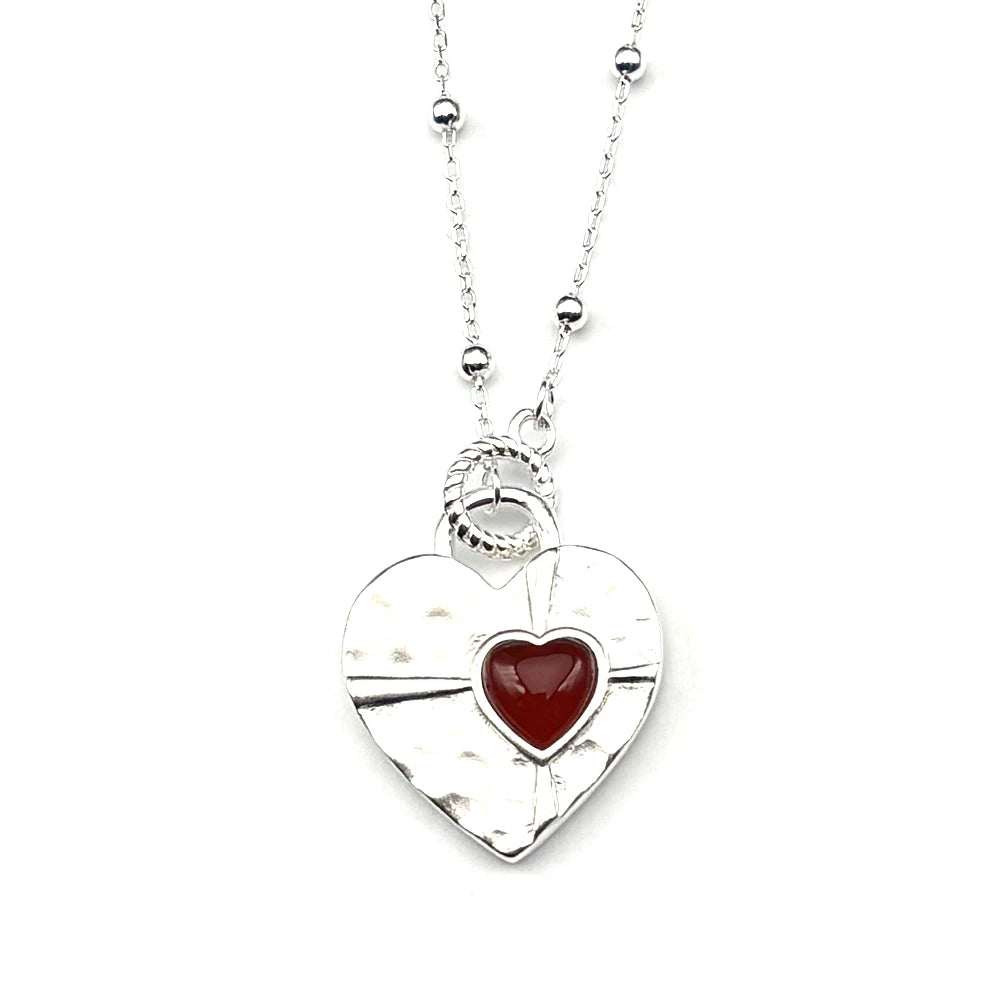 Heart Silver Pendant Sterling Red Glass Clavicle