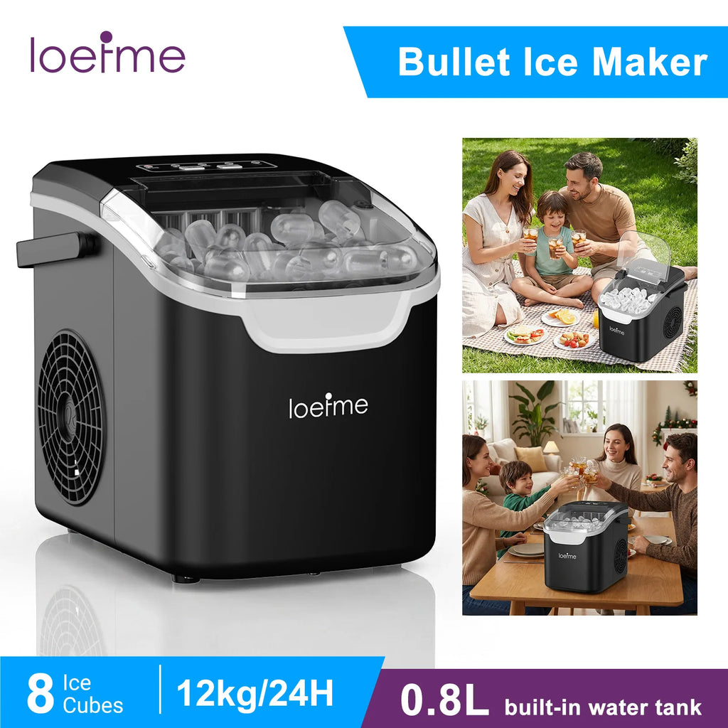 LOEFME 12kg/24h Portable Mini Ice Maker Machine 6 Mins/8pcs 2 Sizes Ice Cubes Home Desktop Ice Maker with Scoop and Ice