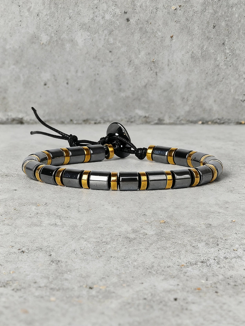 Hematite Stone Bracelet Handmade Woven with Gold color Spacers Cylinder Beads Leather for Energy Protection Reiki Charm Jewelry