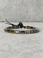Hematite Stone Bracelet Handmade Woven with Gold color Spacers Cylinder Beads Leather for Energy Protection Reiki Charm Jewelry