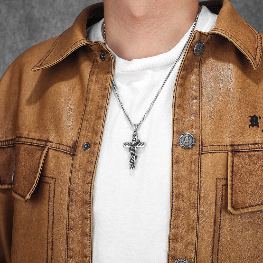 Snake Cross Pendant Necklace — Stainless Steel