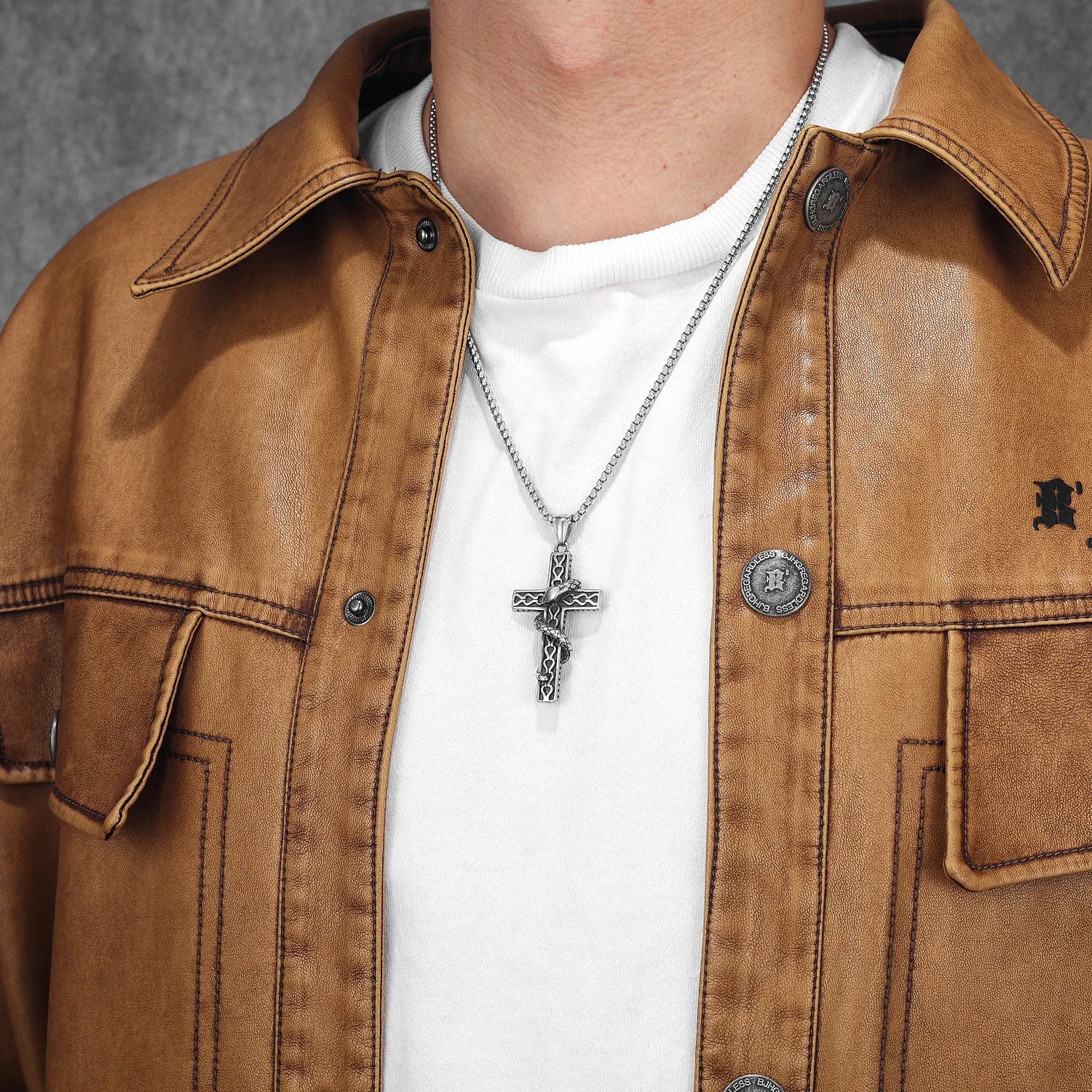 Snake Cross Pendant Necklace — Stainless Steel