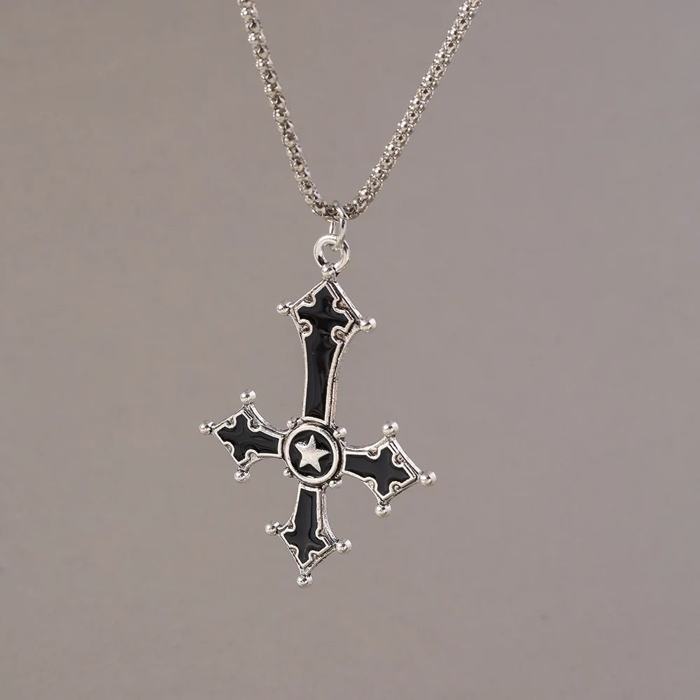 Aihua Gothic Steampunk Inverted Cross Necklace for Women Men Popcorn Chain Personality Hip Hop Punk Crucifix Necklace Jewelry
