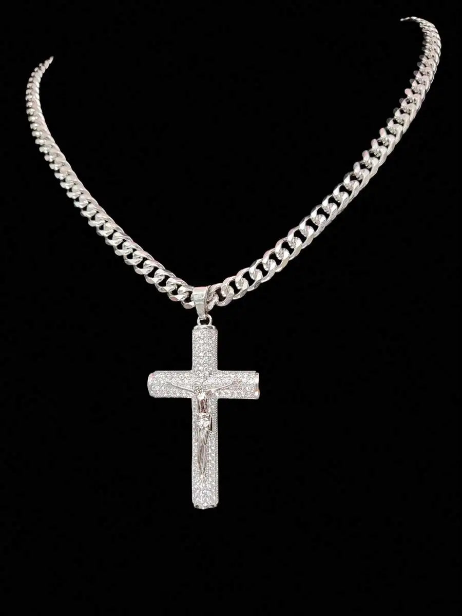 Iced Out CZ Cross & Jesus Pendant Necklace — Stainless Steel