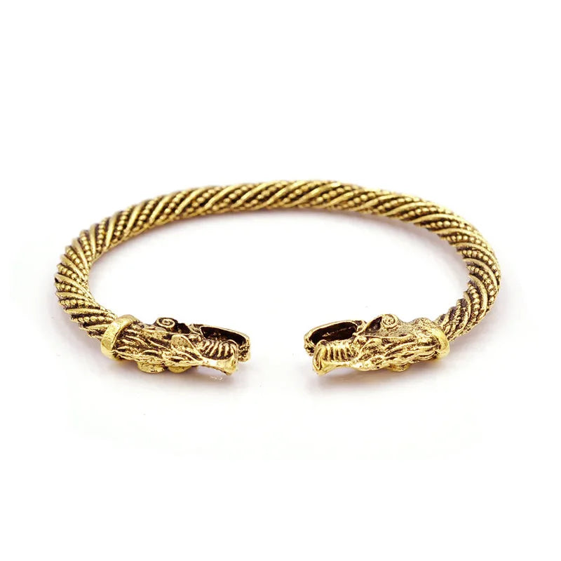 Classic Animal Viking Double Wolf Head Adjustable Bracelet Men Stainless Steel Bracelet Fashion Double Snake Heads
