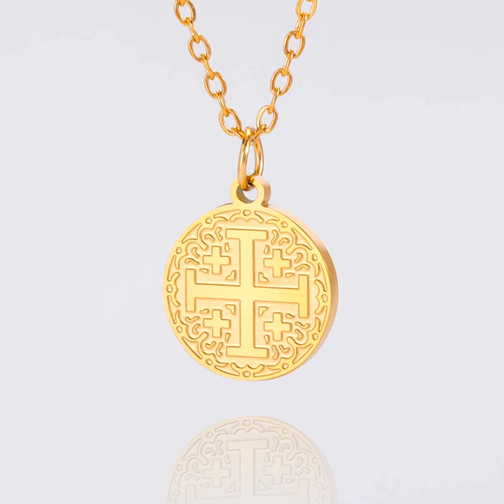 VASSAGO Religious Jerusalem Cross Charm Necklace for Women Stainless Steel Amulet Christian Catholic Vintage Jewelry