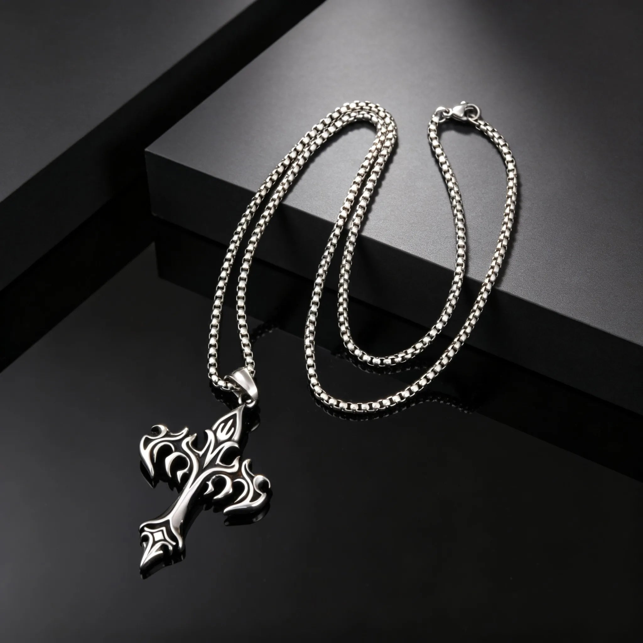 Gothic Hip Hop Flame Cross Pendant Necklace for Men, Silver Color Stainless Steel Non-fading Necklace,Waterproof