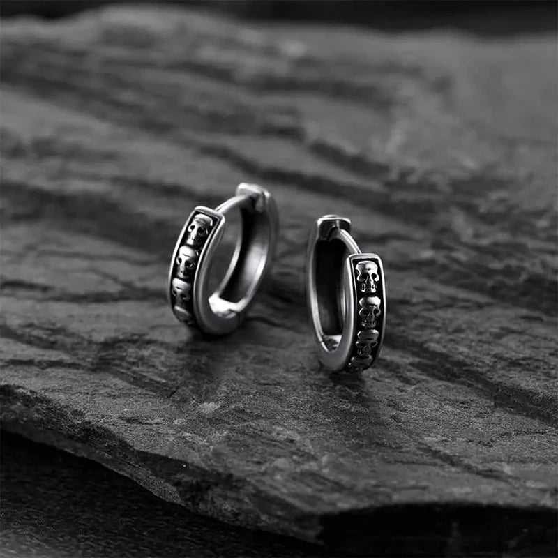 Antique Silver-Tone Skull Small Hoop Earrings — Copper Alloy