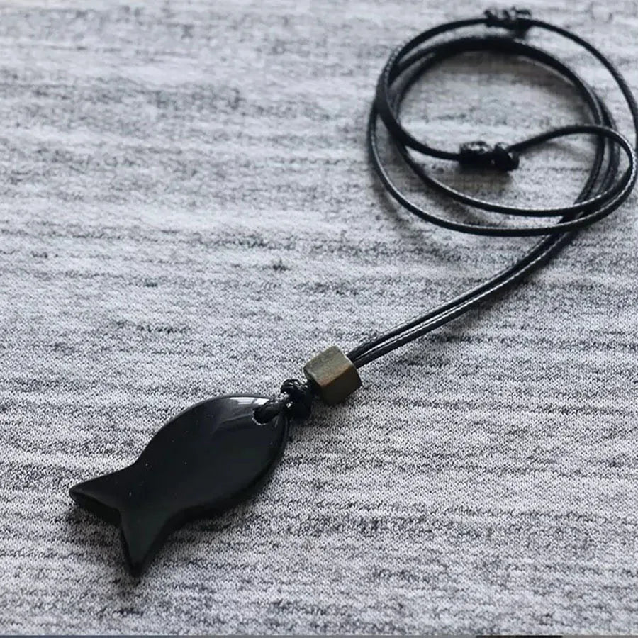 Vintage Natural Black Obsidian Fish‑Shaped Pendant Necklace for Men, Ideal for Fishing Enthusiasts, Valentine’s Day Gift