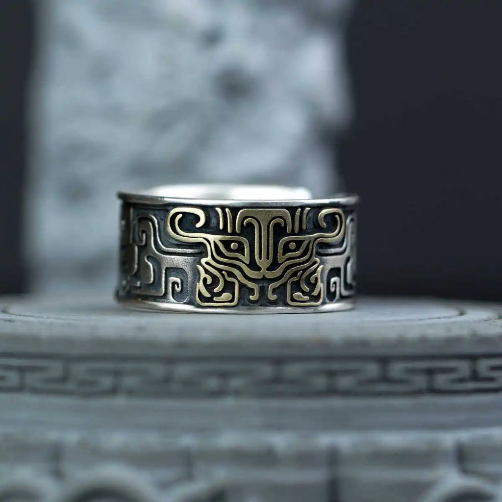 Retro Taotie Chinese Mythology Adjustable Open Ring For Men Punk Gothic Edgy Copper Jewelry Unisex Accessories Gift