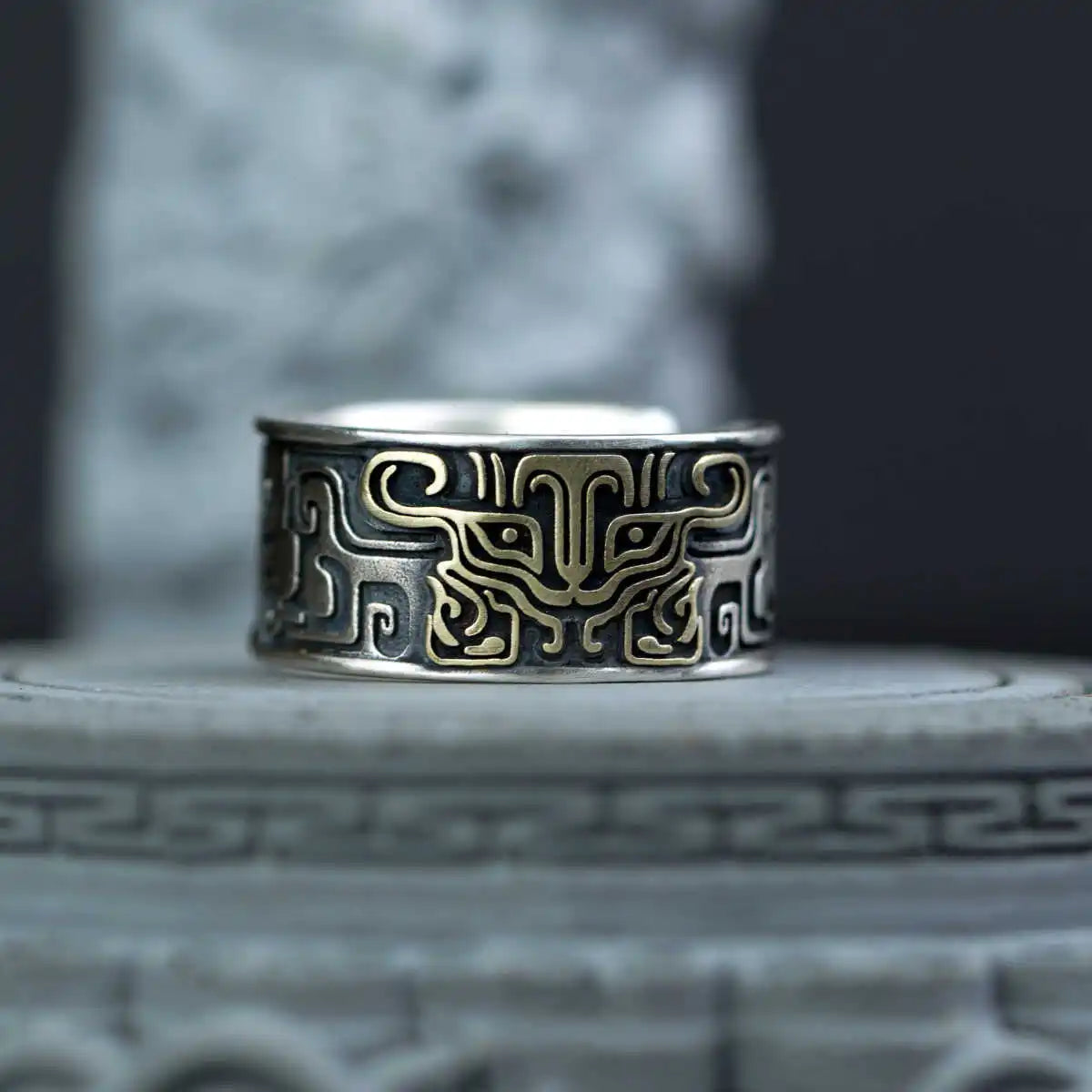 Retro Taotie Chinese Mythology Adjustable Open Ring For Men Punk Gothic Edgy Copper Jewelry Unisex Accessories Gift