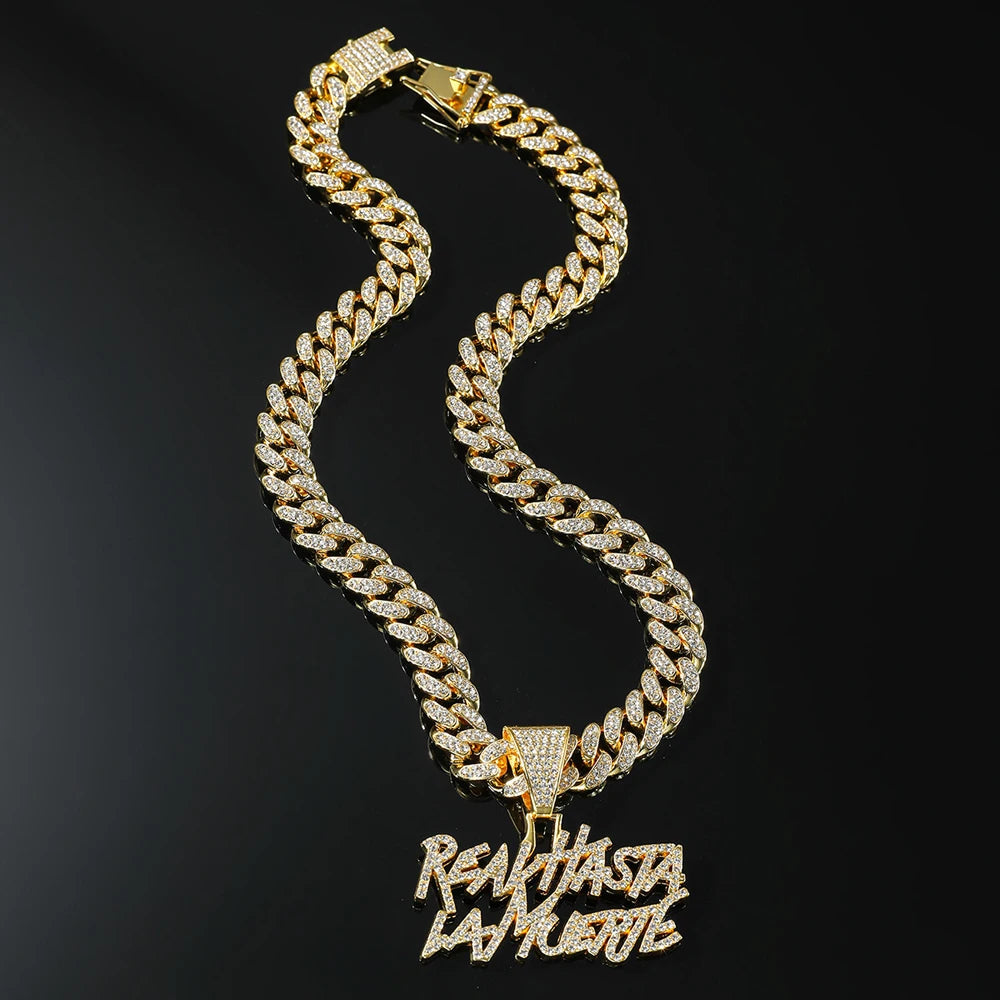 Men Hip Hop Double Row Spliced Letters Pendant Necklace with 13mm Cuban Chain Hiphop Iced out Necklace Fashion Punk
