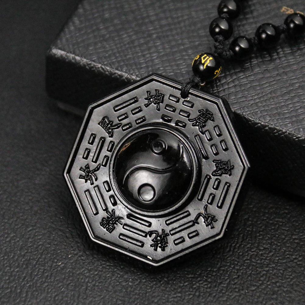 Obsidian Stone Taoism Necklace Black Pendant Chinese Tai Ji Ba Gua Octagon Long Sweater Chain Amulet Mascot Men Taoist