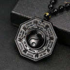 Obsidian Stone Taoism Necklace Black Pendant Chinese Tai Ji Ba Gua Octagon Long Sweater Chain Amulet Mascot Men Taoist