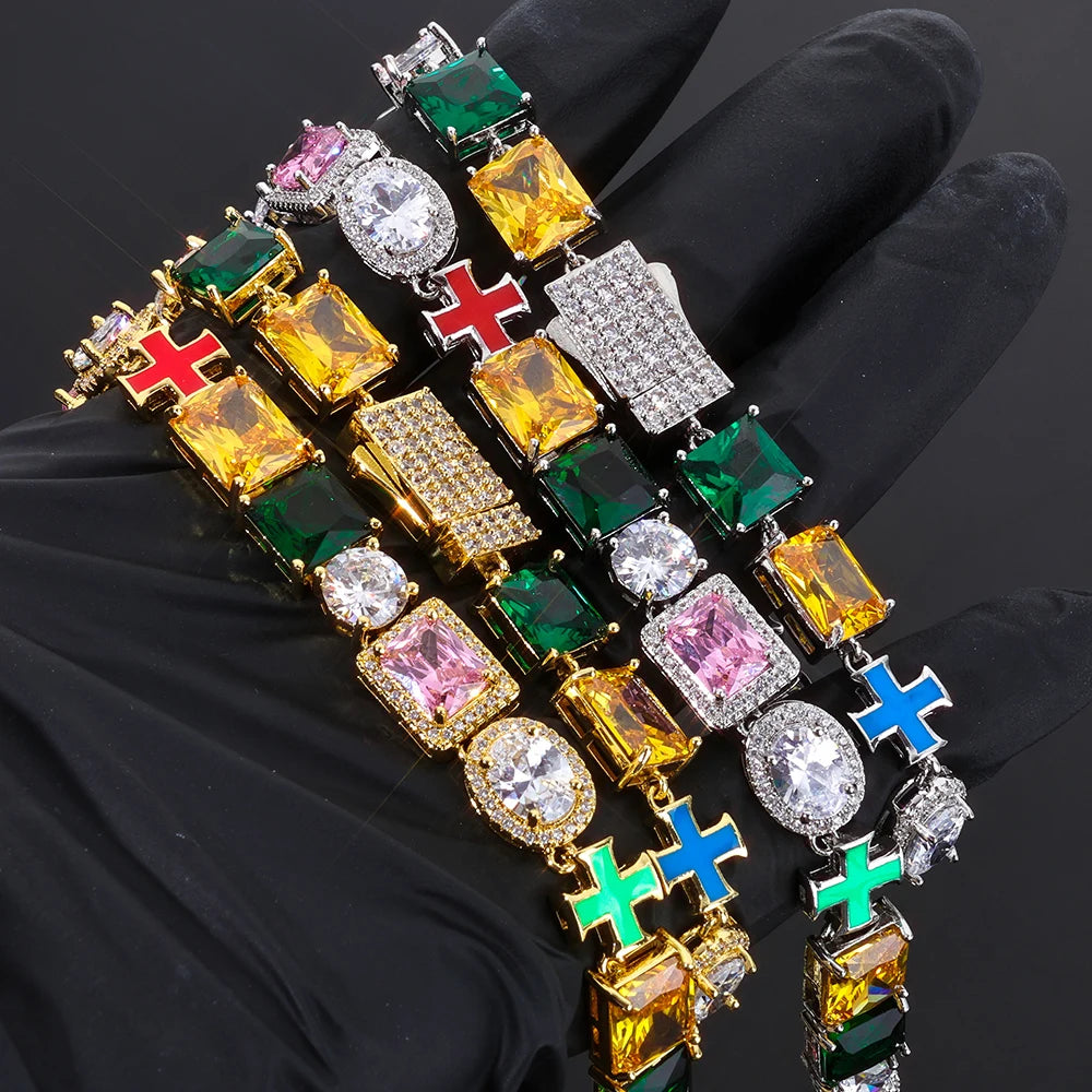 Cross Iced Out Gemstone Bracelet Stainless Steel
