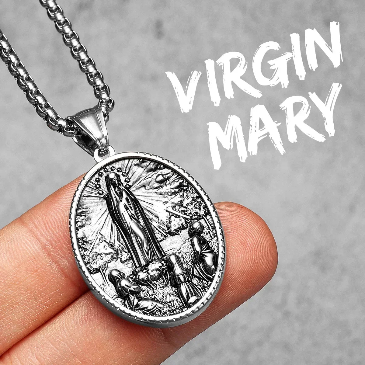 Virgin Mary Pendant Necklace Stainless Steel Vintage
