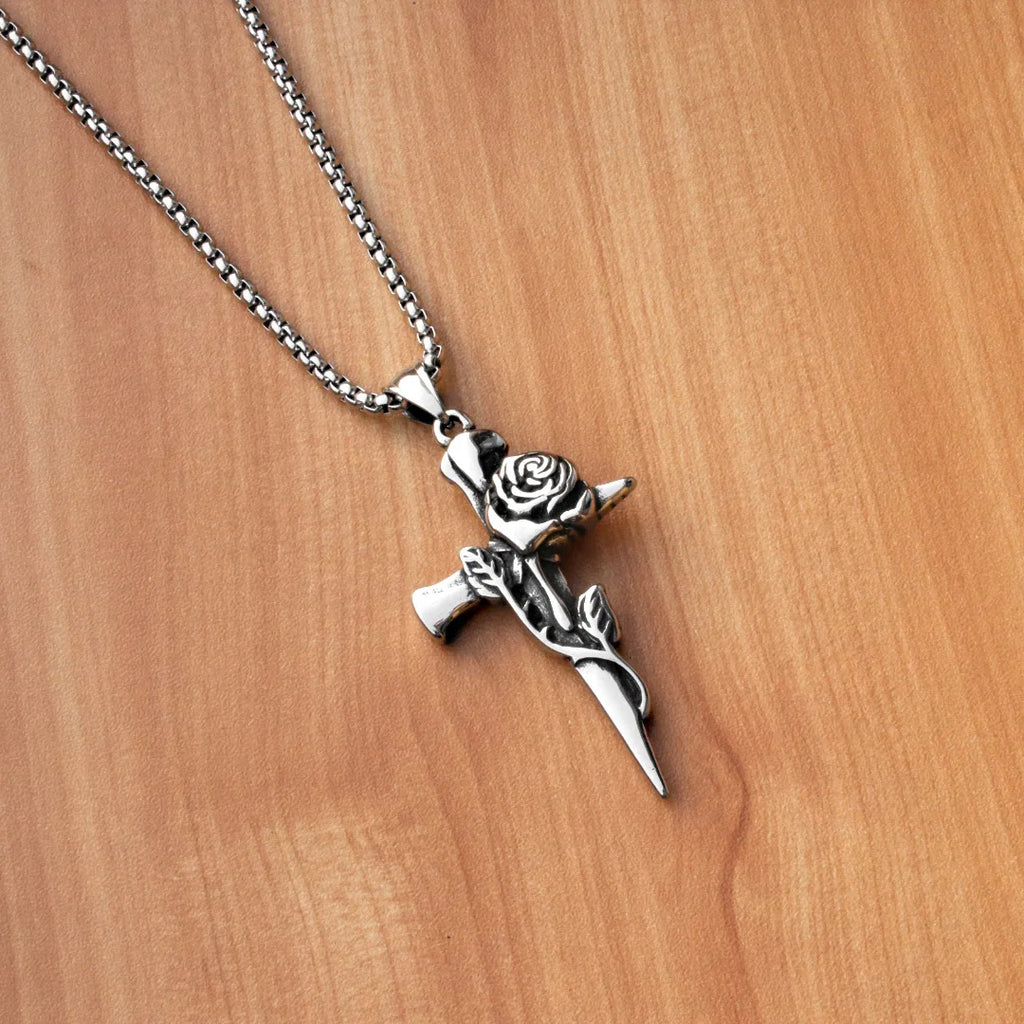 Hip Hop Retro Rose Cross Titanium Steel Men's Necklace Vintage Alloy Steel Accessory Pendant Necklace Gifts