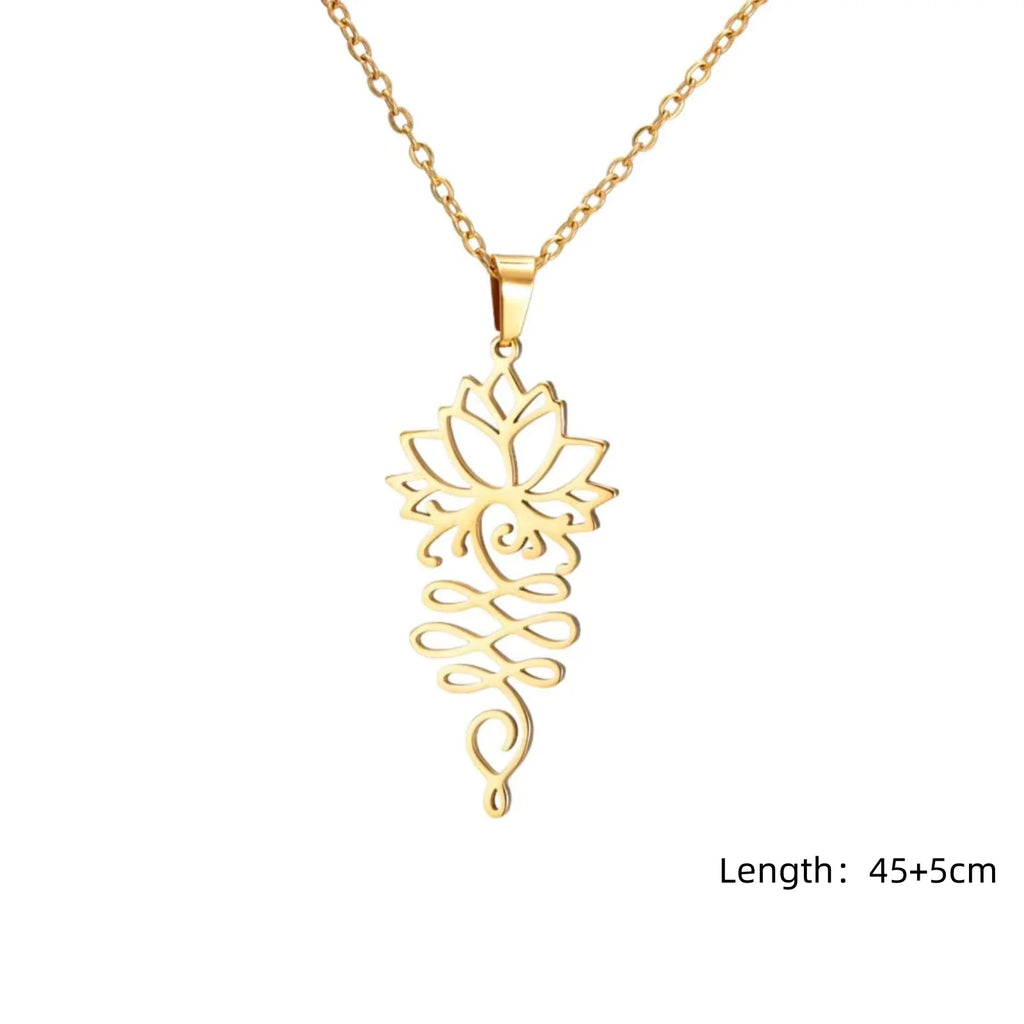 Unalome Lotus Flower Pendant Necklace — Stainless Steel Chain