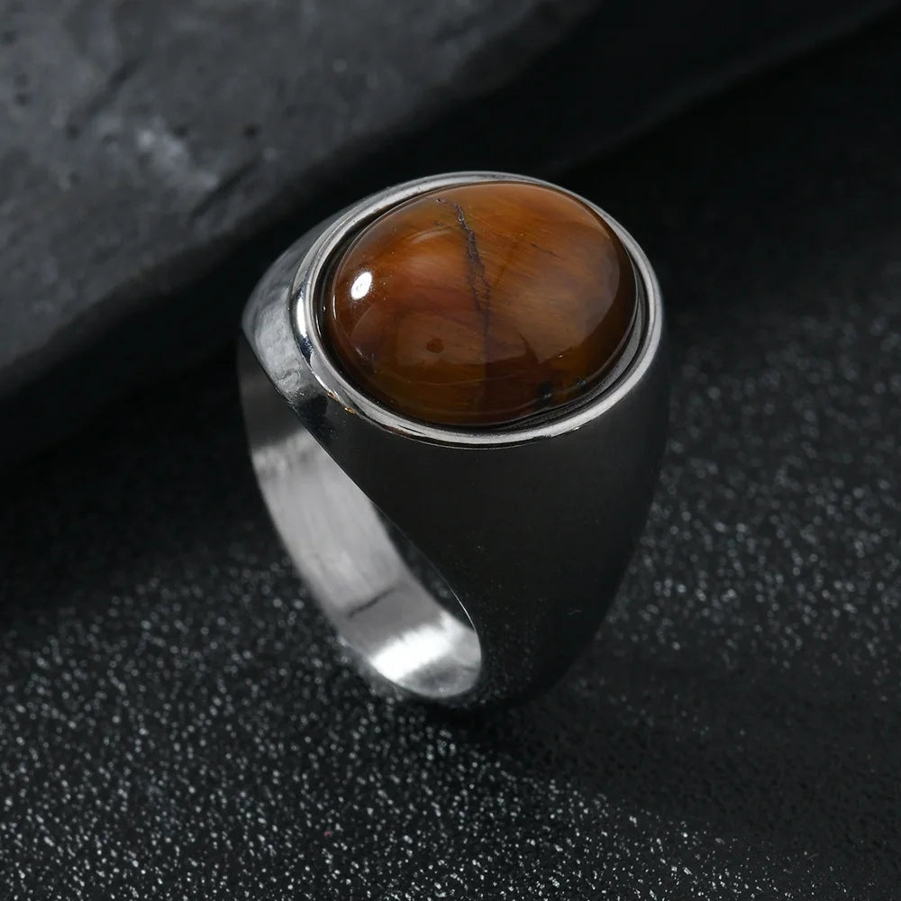 Tiger Black Ring 316L Oval Natural Stone